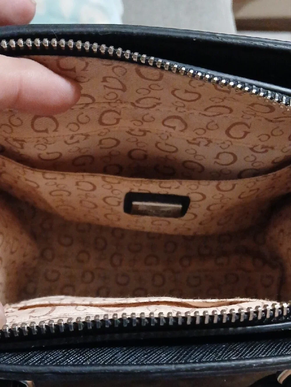 Guess Black Logo-Pattern Satchel with Silver Triangle Emblem
